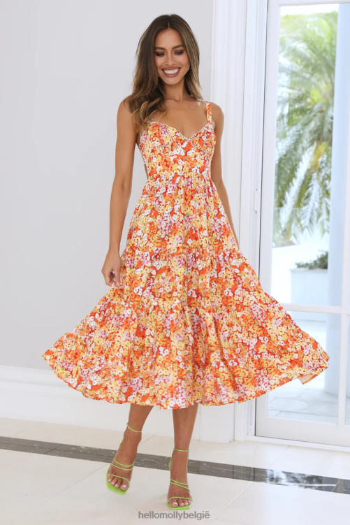 kleding Hello Molly gebrouwen nieuwe midi-jurk oranje XR2L4128